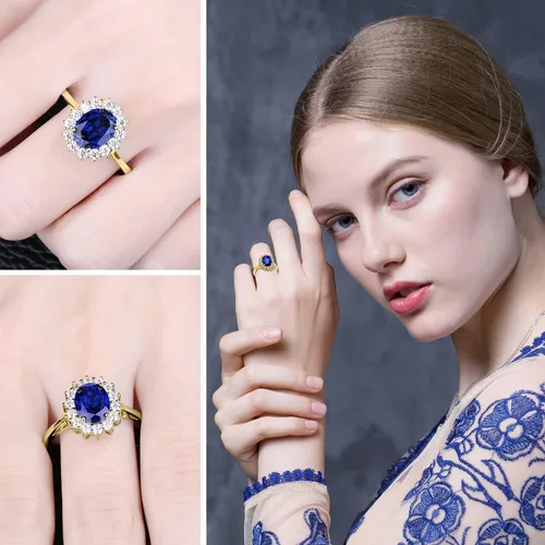 Miniatura 5 de JewelryPalace Anillos de compromiso y aniversario estilo princesa Diana, Kate Middleton, piedra natal de zafiro y halo, 14 quilates, chapado en oro