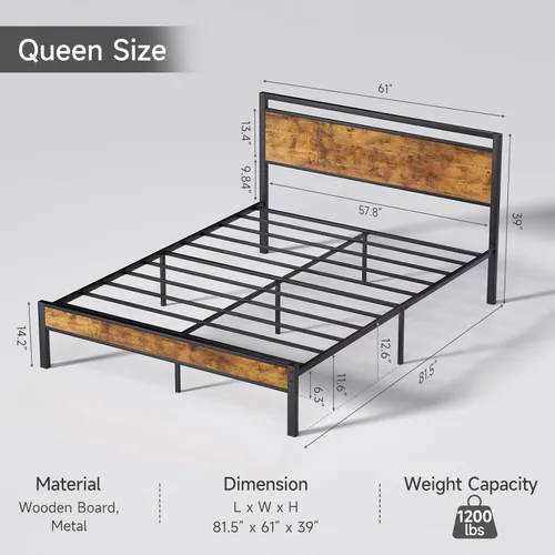 Miniatura 2 de Z-hom Cama de plataforma de metal resistente de fácil montaje, marco de cama tamaño Queen con cabecero y estribo, soporte antideslizante y Marrón