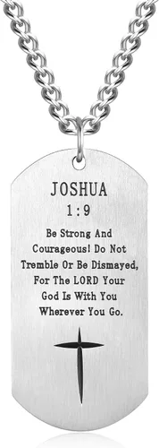 Miniatura 3 de VI.SPORT Joshua - Collar de cruz para perro con cruz 19, colgante de crucifijo de acero inoxidable, joyería cristiana Be Strong and Courageous