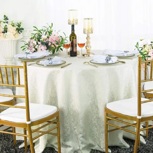 Manteles redondos de poliéster damasco jacquard de 120 pulgadas para restaurante, cocina, comedor, boda, fiesta, banquete, eventos, color marfil