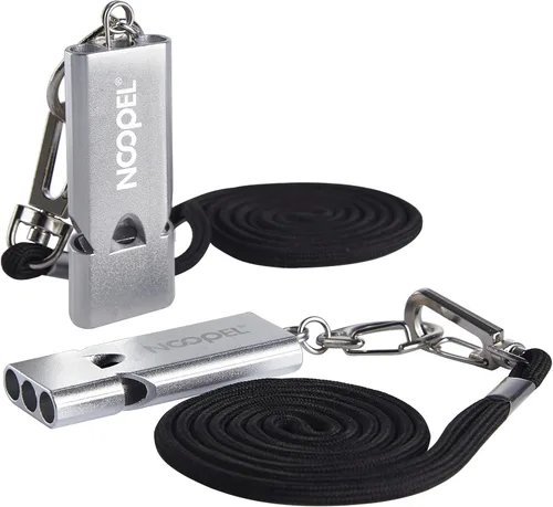 Whistle Emergency Noopel - Silbatos de supervivencia de tres tubos, paquete de 2 con cordón y llavero para senderismo, camping, kayak, deportes,