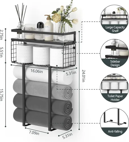 Miniatura 3 de Xstydes Toalleros para baño, toallero de metal con cesta de almacenamiento, toallero de pared para toallas enrolladas, almacenamiento de toallas