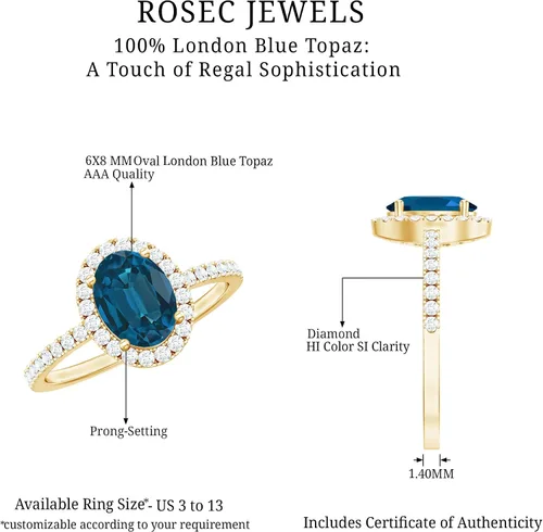Miniatura 15 de Anillo de compromiso de topacio azul natural de Londres de 0.236 x 0.315 in, calidad AAA, anillo solitario de diamante de topacio azul, listo