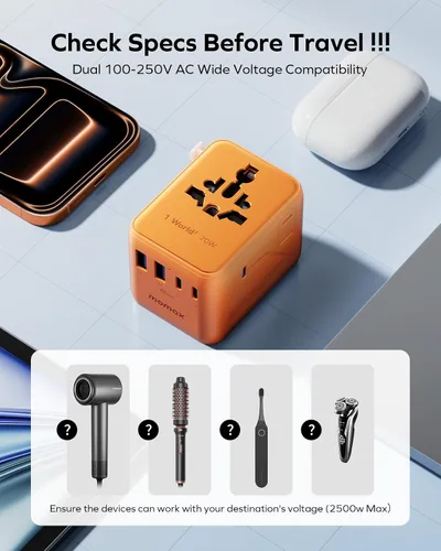 Miniatura 9 de MOMAX Mini adaptador de viaje universal 7 en 1, GaN 70W Dual AC, 3 USB-C PD y 2 USB-A QC, cargador de alimentación internacional para más de 200