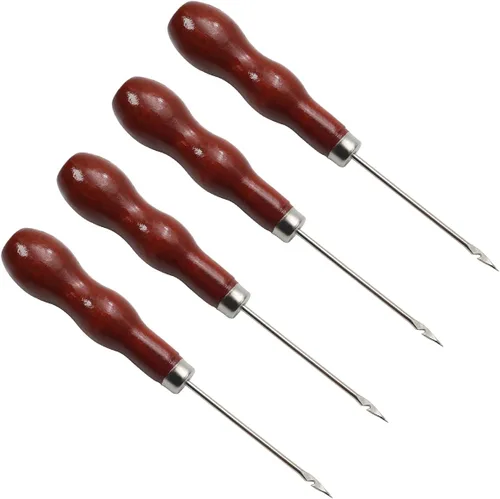 Miniatura 7 de Auniwaig Punzón de cuero para coser con mango de madera, perforador, costura, costura, rasguño, mango largo, herramienta sólida para artesanía