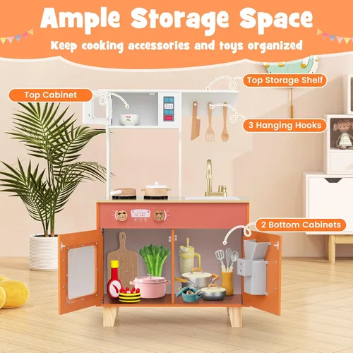 Miniatura 4 de Costzon Cocina de juego para niños, juego de cocina Little Chef con microondas, estufas, pomos de rotación, dispensador de hielo, grifo, fregadero