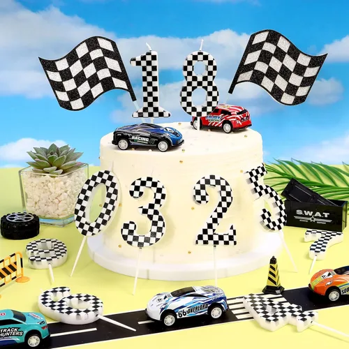 Miniatura 7 de Velas de cumpleaños con temática de autos de carreras, velas a cuadros número 1, adorno de pastel a cuadros blanco y negro, suministros para fiestas