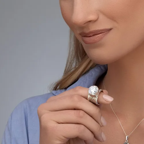 Miniatura 2 de Anillo de plata de ley 925 con circonita cúbica texturizadafloral, aspecto vintage, elegante, hipoalergénico, sin níquel ni plomo, colección