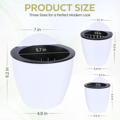 Miniatura 2 de Macetas de pared con autorriego, juego de 3 macetas colgantes blancas para interiores y exteriores con diseño de doble capa y respaldo plano
