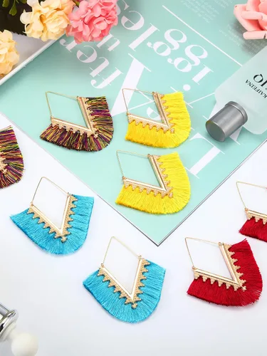 Miniatura 4 de 12 pares de aretes de borla de aro bohemios geométricos hechos a mano para mujer