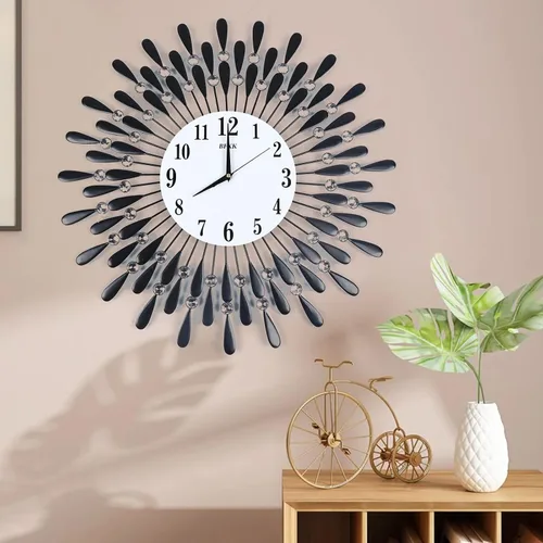 Miniatura 2 de Relojes de pared de metal grandes, funciona con pilas, esfera blanca silenciosa sin tictac con plumas árabes, reloj de pared de lujo árabe, Negro