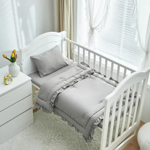 Miniatura 2 de Juego de ropa de cama de 3 piezas para cuna de bebé, edredón acolchado con volantes para bebé con sábana ajustable y funda de almohada - Ropa