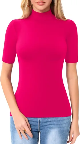 Miniatura 4 de MANGOPOP Camiseta de manga corta de 34 con cuello alto falso para mujer, corte ajustado, media codo