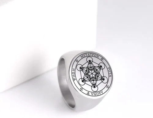 Miniatura 2 de Amaxer Metatron - Anillo de cubo para hombre, de acero inoxidable, vintage, con geometría sagrada, protección espiritual, anillo de amuleto