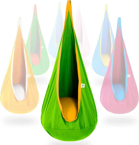 Miniatura 8 de OUTREE Asiento de columpio para niños, hamaca de algodón para niños, columpio sensorial para uso en interiores y exteriores, amarillo y blanco
