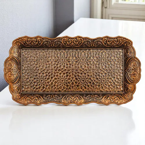 Miniatura 8 de Alisveristime Bandeja pequeña de metal ornamentado para servir – Bandeja decorativa con motivo otomano (14.2 x 7.1 pulgadas, 10.8 onzas)