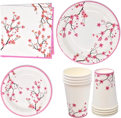 Gift Boutique Juego de 96 piezas de suministros de fiesta de flor de cerezo rosa, plato de papel, vaso, servilleta, flores florales de primavera,