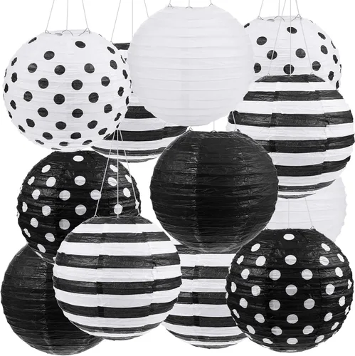 Miniatura 10 de Treela Paquete de 6 linternas de papel en blanco y negro de 8 pulgadas redondas con patrones de lunares a rayas para regreso a clases, aula, fiesta