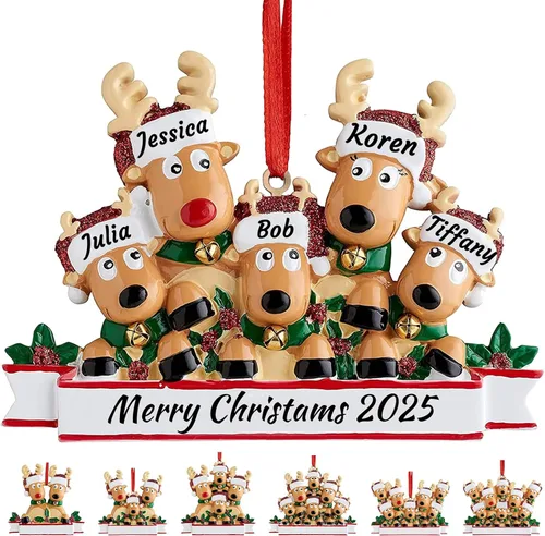 Miniatura 9 de Adorno personalizado de ciervo para árbol de Navidad, familia de 2,3,4,5,6,7,8 nombres, lindo reno de Papá Noel, decoración de Navidad 2025, regalo