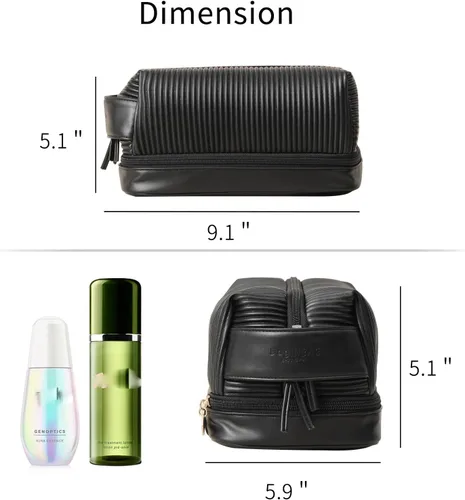 Miniatura 4 de Bolsa de maquillaje, bolsa de viaje grande de doble capa impermeable con asa y compartimento para cepillos para mujeres, Negro -, Color puro