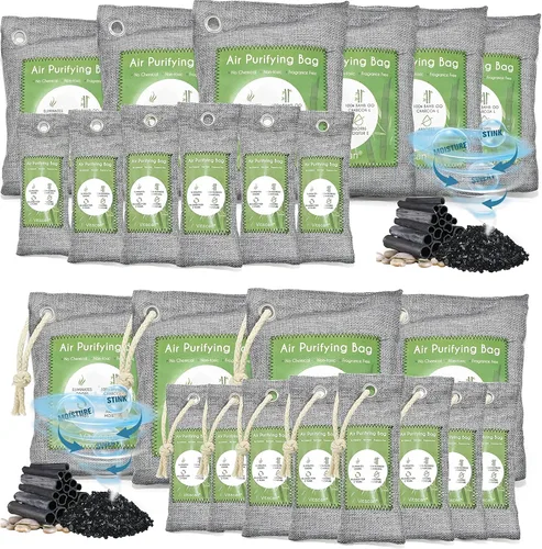Paquete de 24 bolsas purificadoras de aire de carbón de bambú, bolsas de carbón activado, absorbente de olores, absorbente de humedad, ambientador