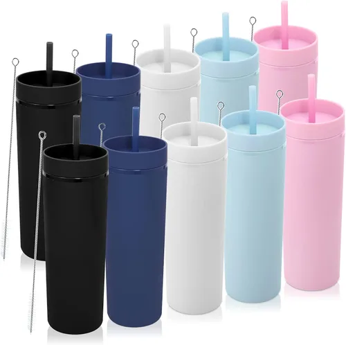 Miniatura 37 de Volhoply Paquete a granel de 4 vasos delgados de plástico de 20 onzas, vaso de doble pared con tapa y popote, taza reutilizable de viaje para café