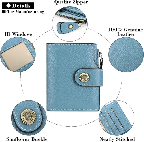 Miniatura 5 de FALAN MULE Cartera pequeña para mujer, de piel auténtica, plegable, compacta, con bloqueo RFID, pequeña cartera para mujer, AA-Azul claro, Moda