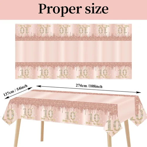Miniatura 2 de Paquete de 3 Decoraciones de Décimo Cumpleaños para Niñas - Mantel de Mesa Rosa Dorado con Tema Happy Ten, Suministros para Fiestas - Mantel