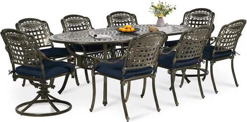 Miniatura 20 de Juego de comedor de patio de 9 piezas, mesa y sillas de patio al aire libre, mesa de comedor ovalada de aluminio fundido de 84 pulgadas con agujero
