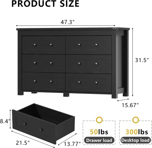 Miniatura 3 de HUANLEGO Cómoda negra para dormitorio con 6 cajones, cómoda moderna, cómoda de madera, muebles de dormitorio, amplio organizador de almacenamiento