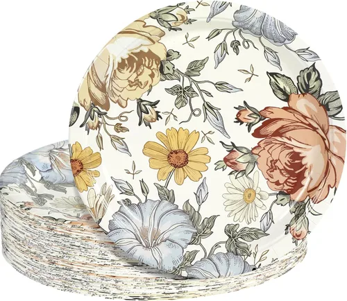 Uiifan 36 platos de papel florales desechables vintage de 9 pulgadas, platos de postre de flores de primavera para jardín, fiesta de té, boda,