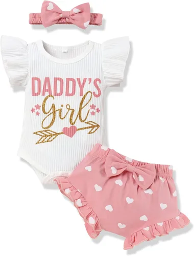 My First Valentine's Day Outfit Baby Girl Love Ropa estampada para niñas recién nacidas con volantes y manga con volantes, color rojo, Rojo y rosado