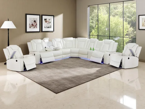 Miniatura 21 de Juego de sofá de cuero transpirable con puerto USB, 5 sofás seccionales reclinables en forma de L y 2 sillas, juego de sofá seccional reclinable
