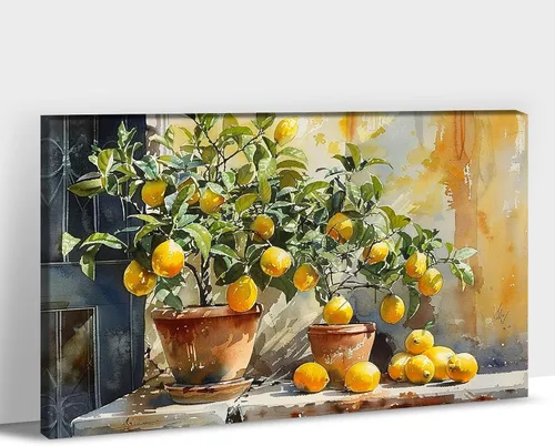 Arte de pared de limón, impresiones de lienzo vintage de limón amarillo para decoración de pared de cocina, póster de flores rústicas enmarcadas en