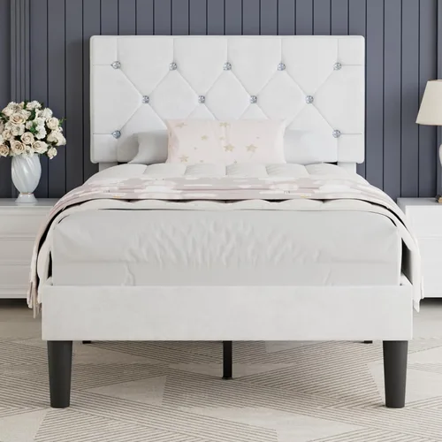 Miniatura 14 de VECELO Base de cama de tamaño individual, plataforma tapizada con cabecera ajustable de diamante, soporte de listones de madera, no necesita somier