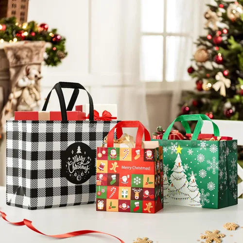 Miniatura 7 de YANGTE Paquete de 20 bolsas de regalo de Navidad de varios tamaños, bolsas reutilizables con asa, incluye 4 grandes 8 medianas 8 pequeñas bolsas