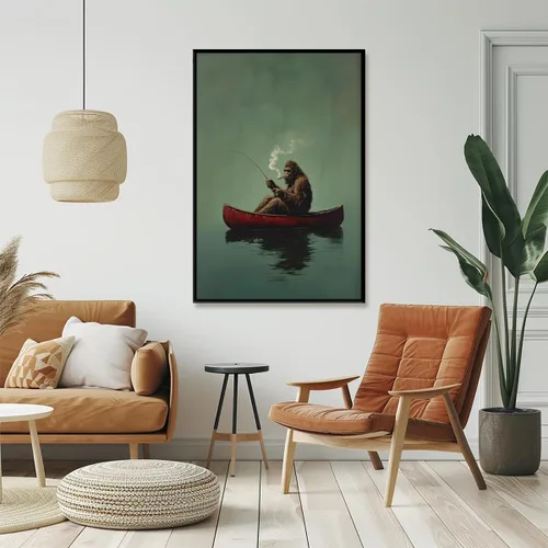Miniatura 4 de Póster de lienzo retro de Sasquatch, divertido pie grande en una canoa roja, pesca verde esmeralda, arte de pared, diseño de casa de lago, vintage