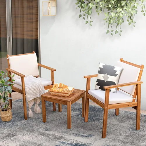 Miniatura 7 de Greesum Juego de 3 sillas de chat para exteriores con cojines resistentes al agua y mesa auxiliar para playa, patio trasero, jardín, beige Blanco