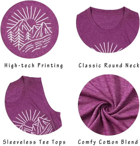 Miniatura 29 de Camisetas sin mangas de senderismo y montaña para mujer, divertidas camisetas de entrenamiento con gráficos de pino y amanecer, camisetas de verano