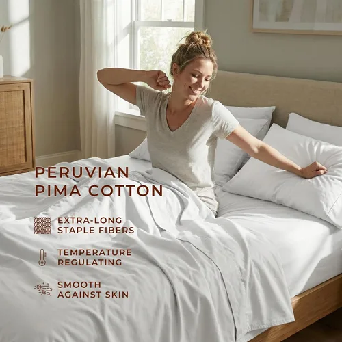 Miniatura 4 de Perú Pima – Juego de sábana de cama de 285 hilos – 100 % algodón peruano Pima – De percal Blanco
