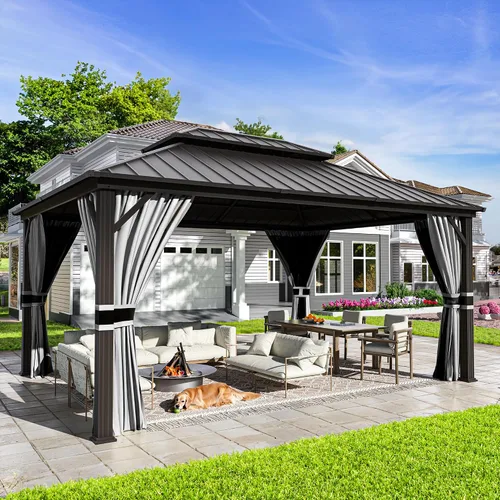 Miniatura 17 de UDPATIO Gazebo de techo rígido de 10 x 10 pies, glorieta de metal para exteriores con techo de acero galvanizado, pabellón permanente con malla