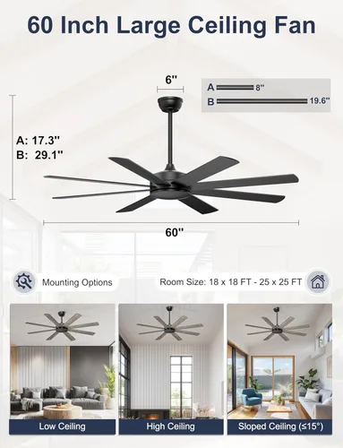 Miniatura 6 de Ventiladores de techo de 60 pulgadas sin luces, ventilador de techo negro moderno, control remoto/aplicación, ventilador de techo silencioso