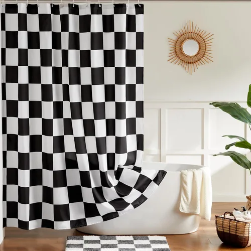 Miniatura 2 de Ohocut Cortina de ducha a cuadros, cortinas de ducha en blanco y negro para baño, bonita cortina de ducha retro de tablero de ajedrez, estética