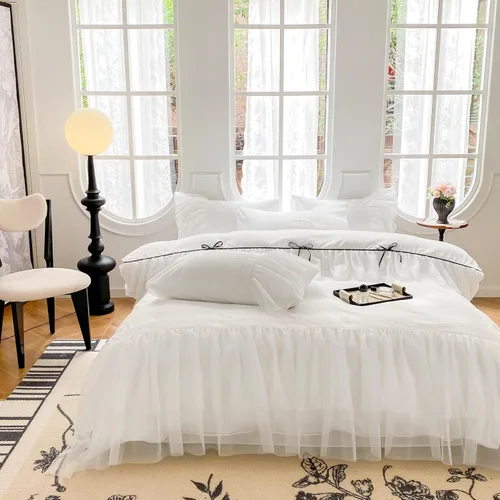 Miniatura 13 de SOUKECHY Juego de funda de edredón de encaje con volantes, ropa de cama elegante con lazo, ropa de cama de princesa para niños, 100% poliéster