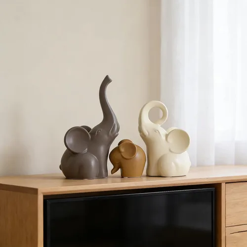Miniatura 9 de Juego de 3 estatuas de elefante, estatua moderna de decoración de cerámica, elefante de buena suerte, para estantería, sala de estar, oficina, mesa