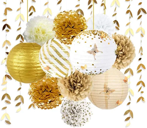 Miniatura 7 de Kit de decoración de fiesta azul marino y dorado, faroles, flores, pompones con calcomanías de mariposa 3D dorado champán y serpentinas de guirnalda