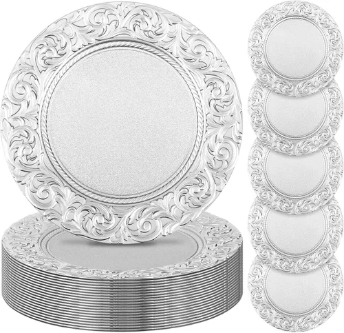 Miniatura 11 de Uiifan 24 Piezas Platos Base Antiguos a Granel 13'' Platos de Plástico en Relieve para Cena Platos Base Redondos Florales para Boda Cargadores Dorado
