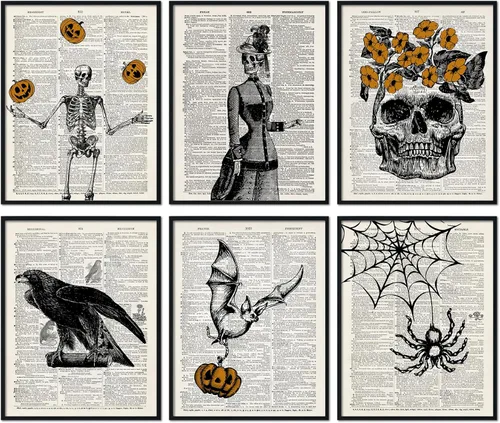 Waline - 6 impresiones artísticas de pared de esqueleto de Halloween de 8 x 10 pulgadas, decoración de pared vintage, esqueleto, murciélago,