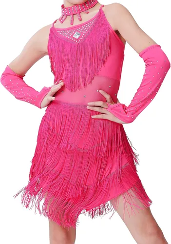Miniatura 3 de AFAVOM Vestido de baile latino con borlas de lentejuelas para niñas, vestidos de patinaje artístico, ropa de baile con guantes, gargantilla