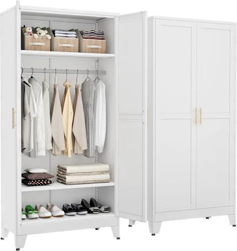Miniatura 12 de RIETERN Armario Ropero de Metal, 71" de Alto Armario de Dormitorio con Espejo, 1 Cajón, Estantes Ajustables, y Barra para Colgar, Armarios de Acero